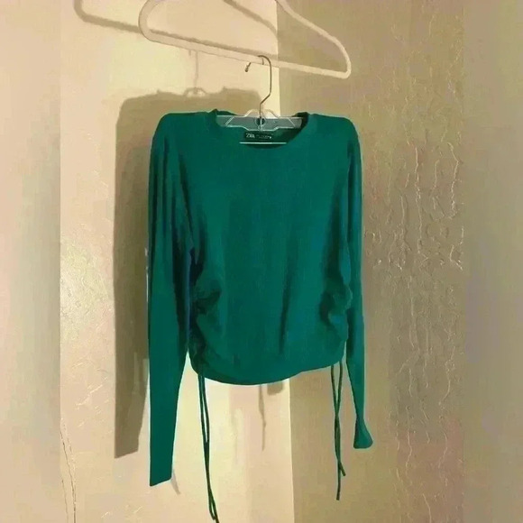 Zara Green Long Sleeve Ruched Drawstring Shirt Size L - Picture 1 of 6